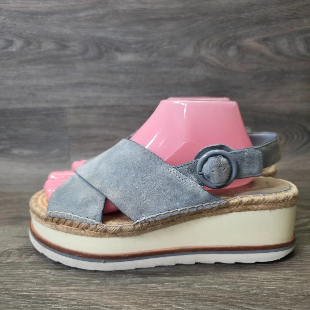 Marc Fisher Sandals Womens 9.5M Blue Leather Espadrille‎ Platform Glenna Wedge